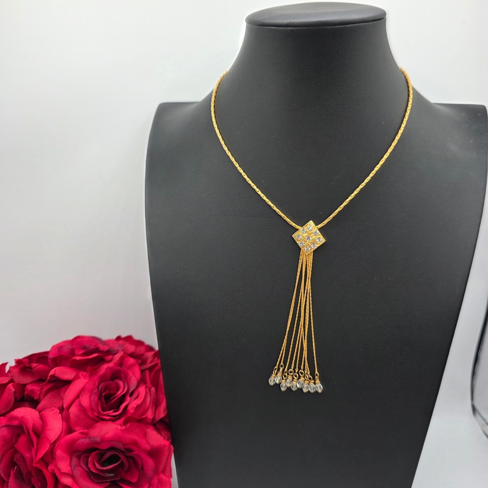 Vintage Gold Tone Rhinestone Square Slide Tassel Y-Necklace Snake Chain 18 Inch
